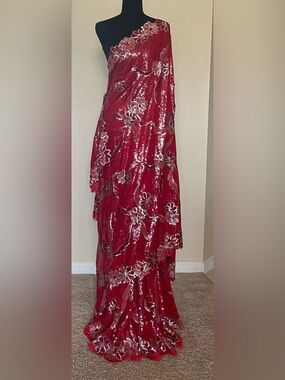 One-Shoulder Red Sequin Saree with Silver Floral Accents